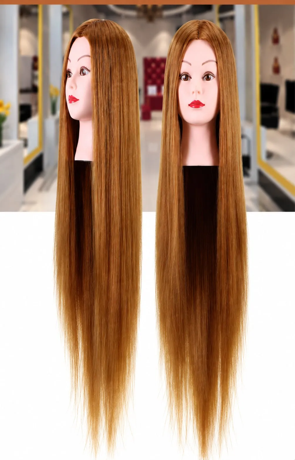 Two training mannequin heads with long brown hair