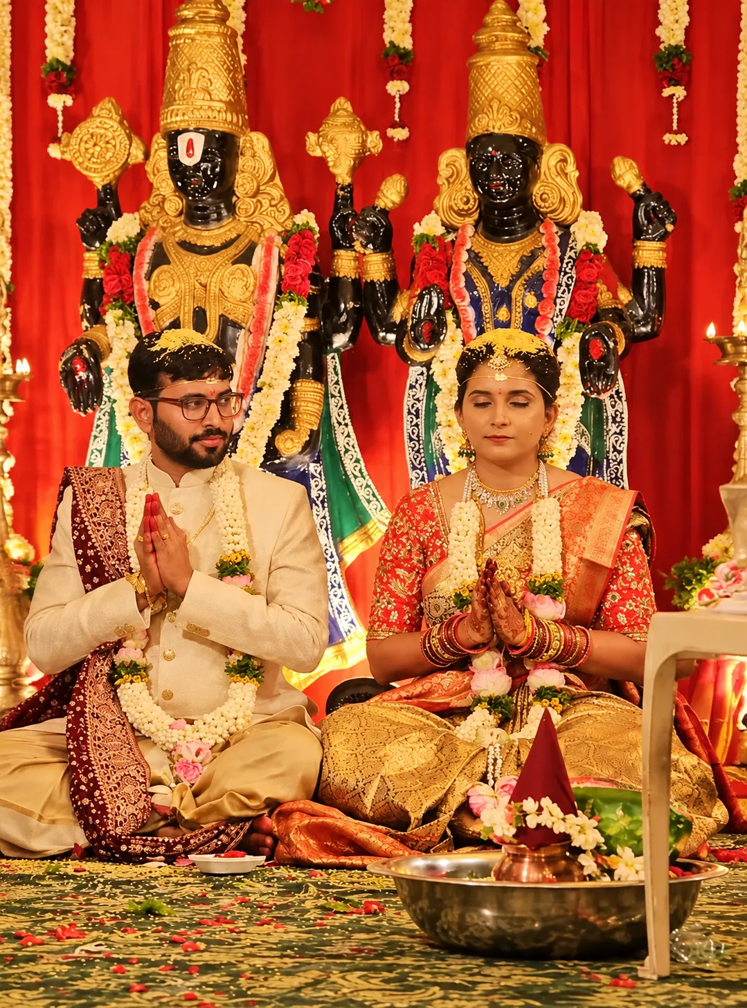 Bride and groom at a traditional temple wedding ceremony
